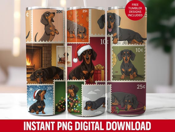 Dachshund Postage Stamp Tumbler Wrap: Seamless 20oz Skinny Design (PNG Digital Download)