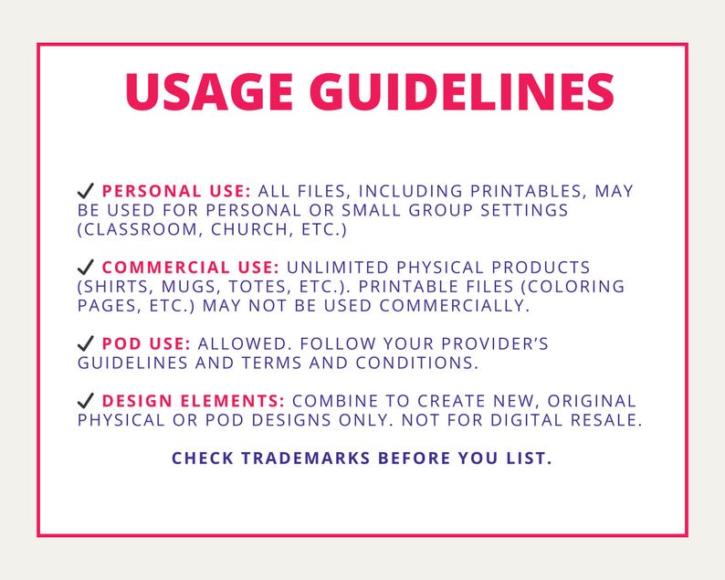 a list of terms and conditions for personal and commercial use of digital files, including guidelines for using individual elements, avoiding the sale or sharing of digital files, and checking and confirming trademarks.