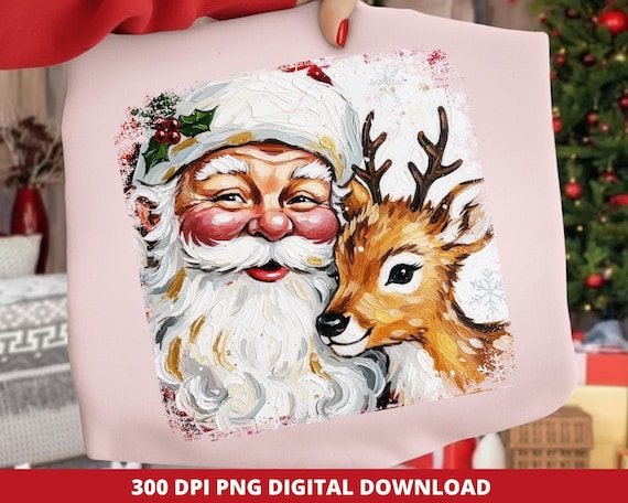 Vintage Santa & Deer Brushstroke PNG: Christmas Sublimation (Digital Download)
