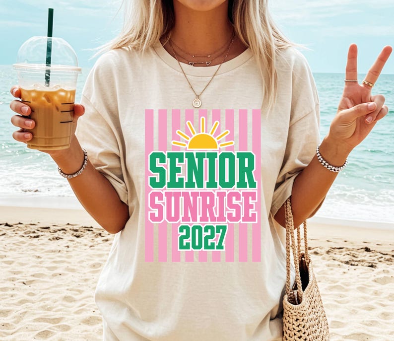Senior sunrise 2027 design shown printed on white t-shirt, sublimation shirt mockup for class of 2027 senior year tradition