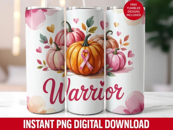 Breast Cancer Awareness Tumbler Wrap: Pink Ribbon, Pumpkins (20oz Skinny PNG Digital Download)