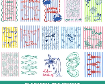 Striped Coastal PNG Bundle Retro Beach Clipart Preppy Summer Sublimation Shirt Designs (Digital Download)