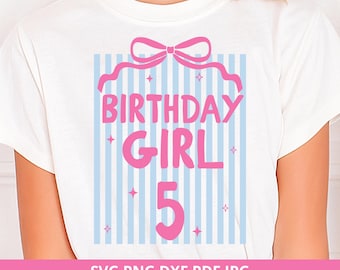 Preppy Striped 5th Birthday Girl Coquette Bow Shirt SVG PNG, Cricut Silhouette
