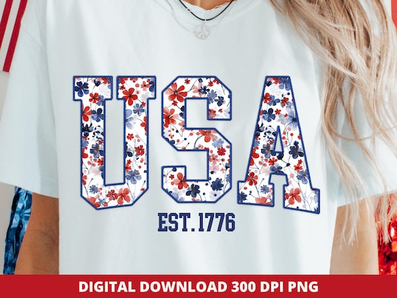 USA Floral Png, Preppy America 4th of July Sublimation, Trendy USA Patriotic Sublimation Design, Varsity Faux Embroidery American Girly Png