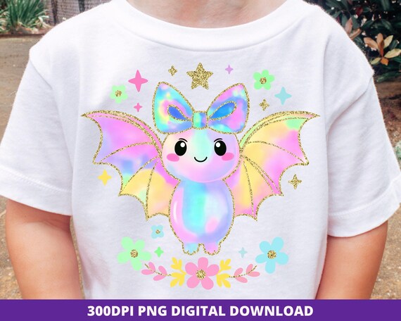 Iridescent Bat PNG, Girls Halloween Clipart, Coquette Neon Bat with Glitter Bow, Cute Spooky Season PNG, Kawaii Halloween Digital Download