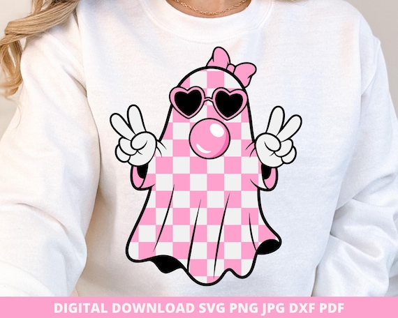 Cute Girly Ghost Blowing Bubble Png, Pink Retro Checkered Ghost Fall Shirt Design, Digital Sublimation, Halloween Clipart, Svg Jpg Dxf Pdf