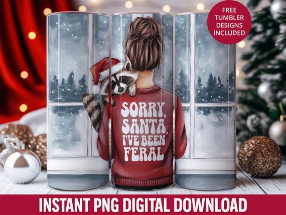 Feral Raccoon Christmas Tumbler 20 oz Wrap, Funny Seamless Design (PNG)