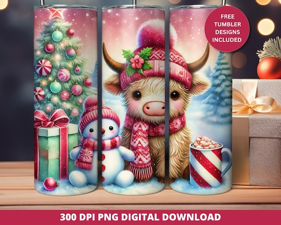 Pink Christmas Highland Cow Tumbler Wrap,  20oz Skinny Tumbler Wrap, Highland Cow Tumbler Wrap Png, Seamless Sublimation Tumbler Design