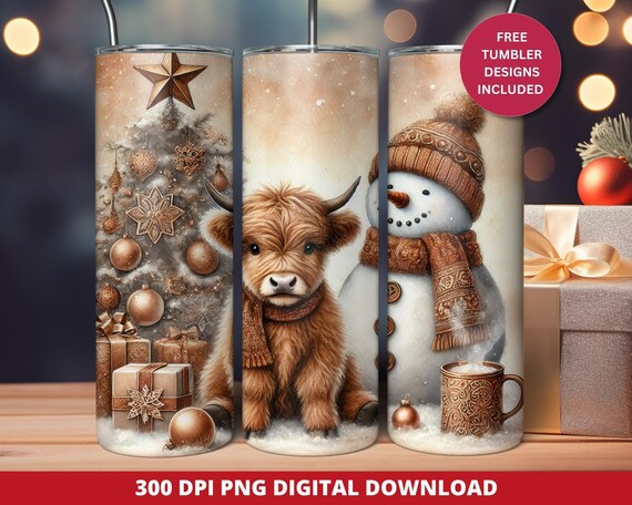 rown Christmas Cow Tumbler Wrap, Cute Highland Cow Tumbler Wrap Png, Seamless Sublimation Tumbler Design, 20oz Skinny Tumbler Wrap