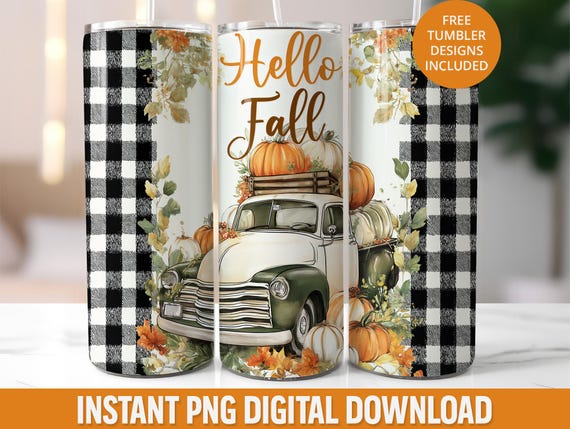 Hello Fall 20oz Tumbler Wrap Design, Vintage Truck Pumpkin 20 oz Seamless Skinny Tumbler Png, Autumn Plaid Tumbler Wrap Sublimation Design