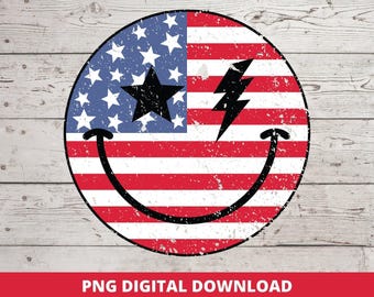 Retro 4 lipca PNG, uśmiechnięta twarz z flagą amerykańską, projekt sublimacji DTF