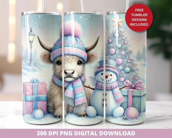 Highland Cow Christmas Tumbler Png, 20oz Festive Tumbler Wrap, Seamless Christmas Sublimation Tumbler Design, 20oz Skinny Tumbler Wrap