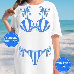May include: A white t-shirt featuring a blue graphic print of a bikini with seashell-shaped cups, bows on the straps and center, and striped bottoms. The graphic includes text that reads 4 COLORS INCLUDED and SVG, PNG, DXF.