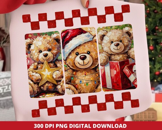 Preppy Christmas Teddy Bear PNG, Trendy Checkerboard Brushstroke Clipart (Digital Download)