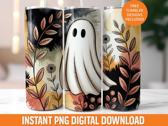 Boho Ghost Tumbler Wrap, Cute Halloween Ghost 20oz Skinny Tumbler PNG, Spooky Ghost Tumbler Design, Boho Floral Ghost Sublimation Png Wrap
