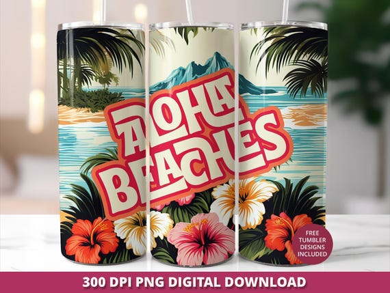 Aloha Beaches Tumbler Wrap, Tropical Floral Design (Digital Download)