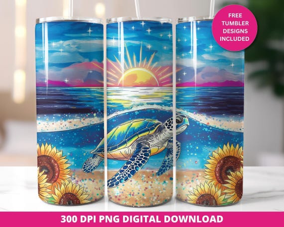 Floral Sea Turtle Tumbler Sublimation Design, Ocean Wrap (Digital Download)