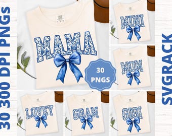 Blue Chinoiserie Mama PNG Bundle, Floral Bow Sublimation
