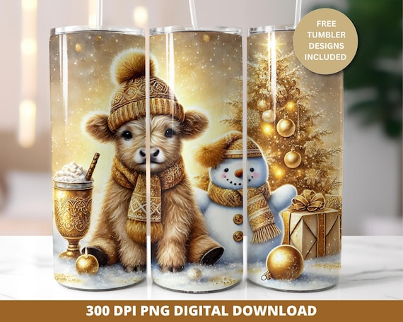 Christmas Baby Highland Cow Tumbler Png, Cute Cow Christmas Tumbler Png, Seamless Sublimation Tumbler Design, 20oz Skinny Tumbler Wrap Png