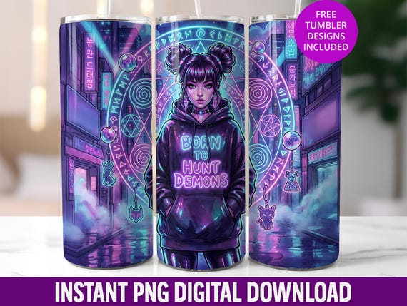 Neon Magical Girl Tumbler Wrap, Anime K-Pop Hunter PNG (Digital Download)