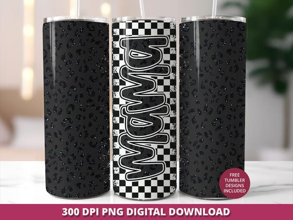 Leopard Glitter Mama 20oz Tumbler Wrap, Retro Checkered PNG (Digital Download)