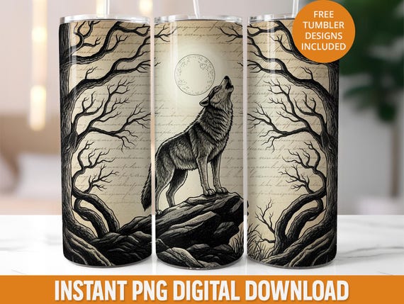 Lone Wolf Tumbler Wrap Png, Howling Wolf Moon 20oz Tumbler Design, Gothic Wolf Tumbler Sublimation, Wolf 20oz Seamless Skinny Tumbler File