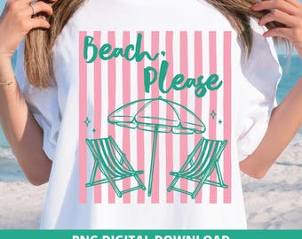 Beach Please Sublimation Design, Preppy Pink Stripe Coastal Graphic (Digital Download)