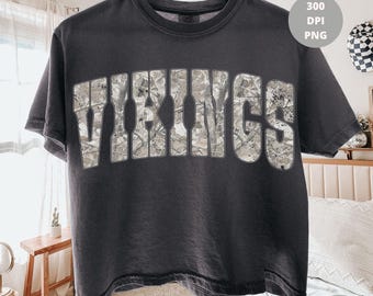 Vikings Washed Camo PNG, Varsity Mascot Shirt Design, Distressed School Team PNG