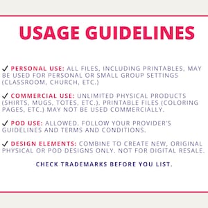 a list of terms and conditions for personal and commercial use of digital files, including guidelines for using individual elements, avoiding the sale or sharing of digital files, and checking and confirming trademarks.