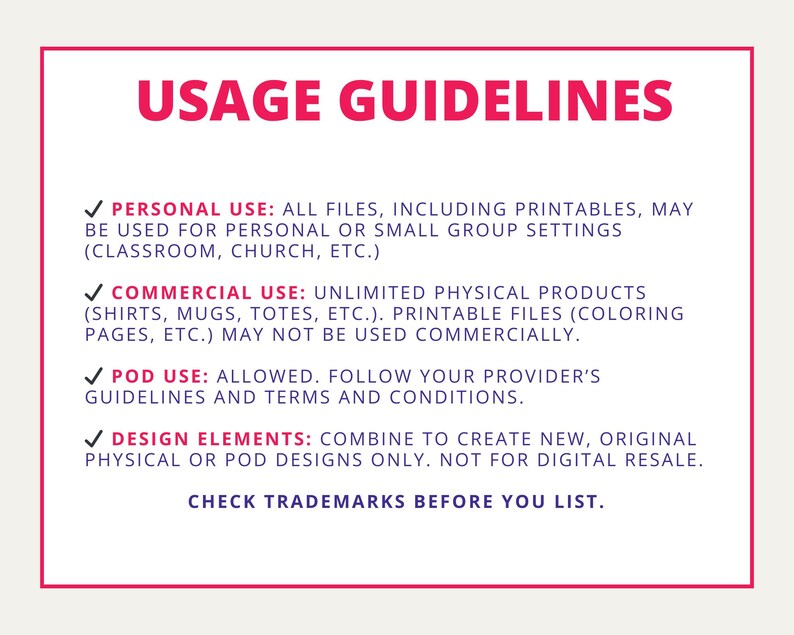 a list of terms and conditions for personal and commercial use of digital files, including guidelines for using individual elements, avoiding the sale or sharing of digital files, and checking and confirming trademarks.
