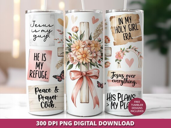 Coquette Christian Tumbler Wrap, Floral Cross, 20oz Sublimation Design (PNG Digital Download)