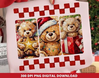 Adrette Weihnachten Teddy Bär PNG, trendige Schachbrett Pinselstrich Clipart (digitaler Download)