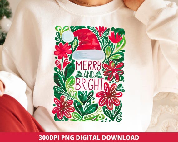 Boho Floral Christmas Png, Merry and Bright Sublimation (Digital Download)