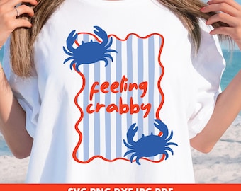 Coastal Crab PNG SVG Feeling Crabby Retro Beach Graphic Striped Nautical Design (Digital Download)