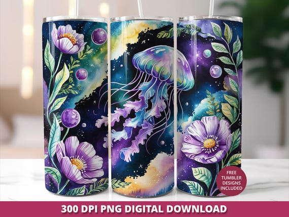 Jellyfish 20oz Tumbler Wrap, Skinny Sublimation Tumbler Design PNG, Seamless Floral Ocean Tumbler Wrap, Sea Creatures Digital Download