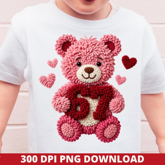 67 Valentine PNG, Faux Latch Hook Yarn Bear, Pink Coquette Heart Design, Digital Download for Kids Shirts