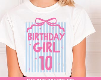 10th Birthday Girl Preppy Bow Striped Shirt Design (Digital Download)