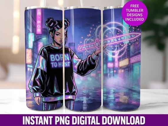 Neon Anime Girl Tumbler Wrap, K-Pop Hunter, 20oz Skinny Tumbler PNG (Digital Download)