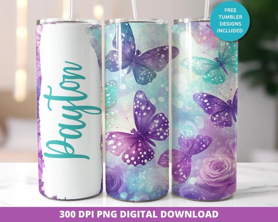 Butterfly Tumbler Wrap, Floral Seamless Design, Customizable Name (PNG Digital Download)