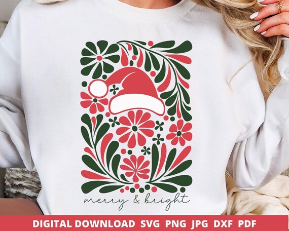 Boho Floral Christmas Png, Hand Drawn Sublimation, Merry and Bright Svg, Vintage Christmas Clipart Svg, Boho Santa Svg, Merry Christmas Png