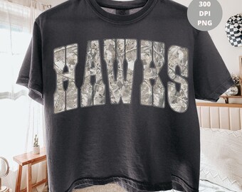 Hawks Washed Camo PNG, Varsity Mascot Shirt Design, Distressed School Team PNG