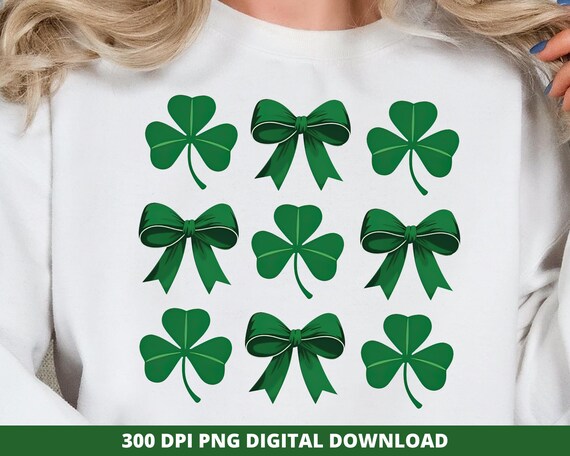 Coquette Bow and Shamrock Grid Png, St Patricks Bow Png, Lucky Irish Shamrock Png, Paddy's Day Sublimation Design, Pattys Day Shamrock Png