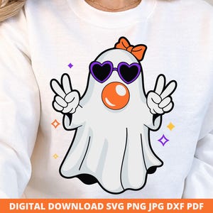 Fantasma retro soplando burbujas Svg, lindo Halloween Png, fantasma con signo de la paz, fantasma femenino soplando burbujas, fantasma espeluznante Png, descarga digital Cricut