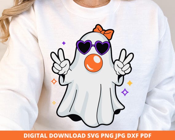 Retro Ghost Blowing Bubble Svg, Cute Halloween Png, Peace Sign Ghost, Girly Ghost Blowing Bubble, Spooky Ghost Png, Digital Download Cricut