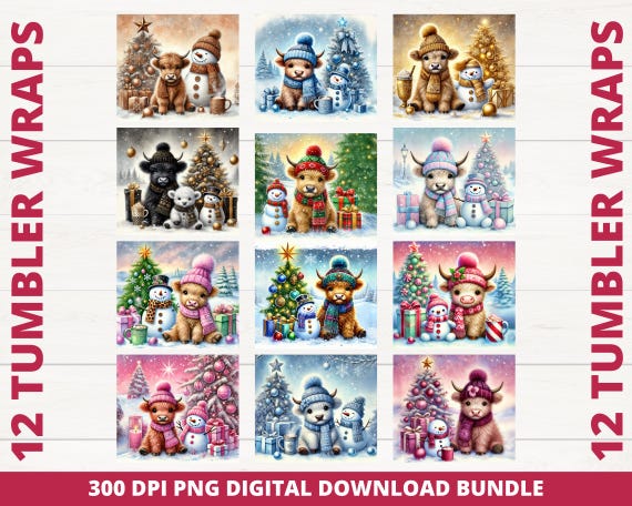 Cute  Christmas Highland Cow Tumbler Wrap Bundle, 20oz Tumbler Wrap Bundle, Cute Cow Tumbler Wrap Png, Seamless Sublimation Tumbler Bundle