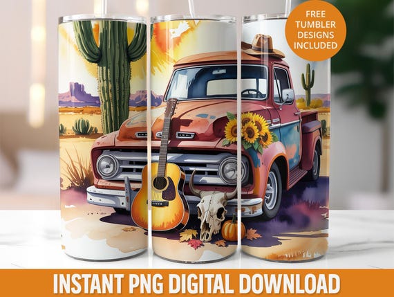 Fall Western Tumbler Wrap, Rustic Pickup Truck, Cactus, Sunflower (PNG Digital Download)