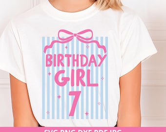 7th Birthday Girl Shirt SVG, Coquette Bow, Preppy Stripes (Digital Download)