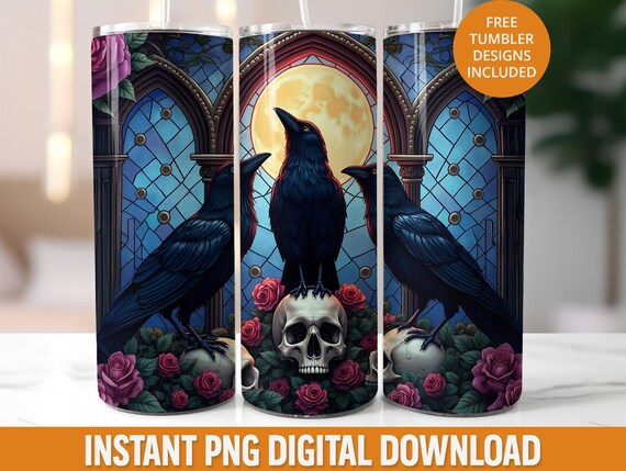 Gothic Raven Tumbler Wrap, Skull Roses Design (PNG Digital Download)