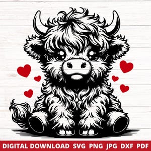 かわいいハイランド牛の SVG、かわいい赤ちゃん牛のカット ファイル、バレンタイン ハイランド牛の SVG、Cricut 用の SVG ファイル、ハイランド牛の昇華デザイン、レーザー ファイル