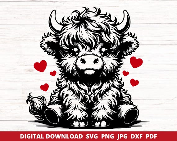 Cute Highland Cow SVG, Cute Baby Cow Cut File, Valentine Highland Cow Svg, Svg Files for Cricut, Highland Cow Sublimation Design, Laser File